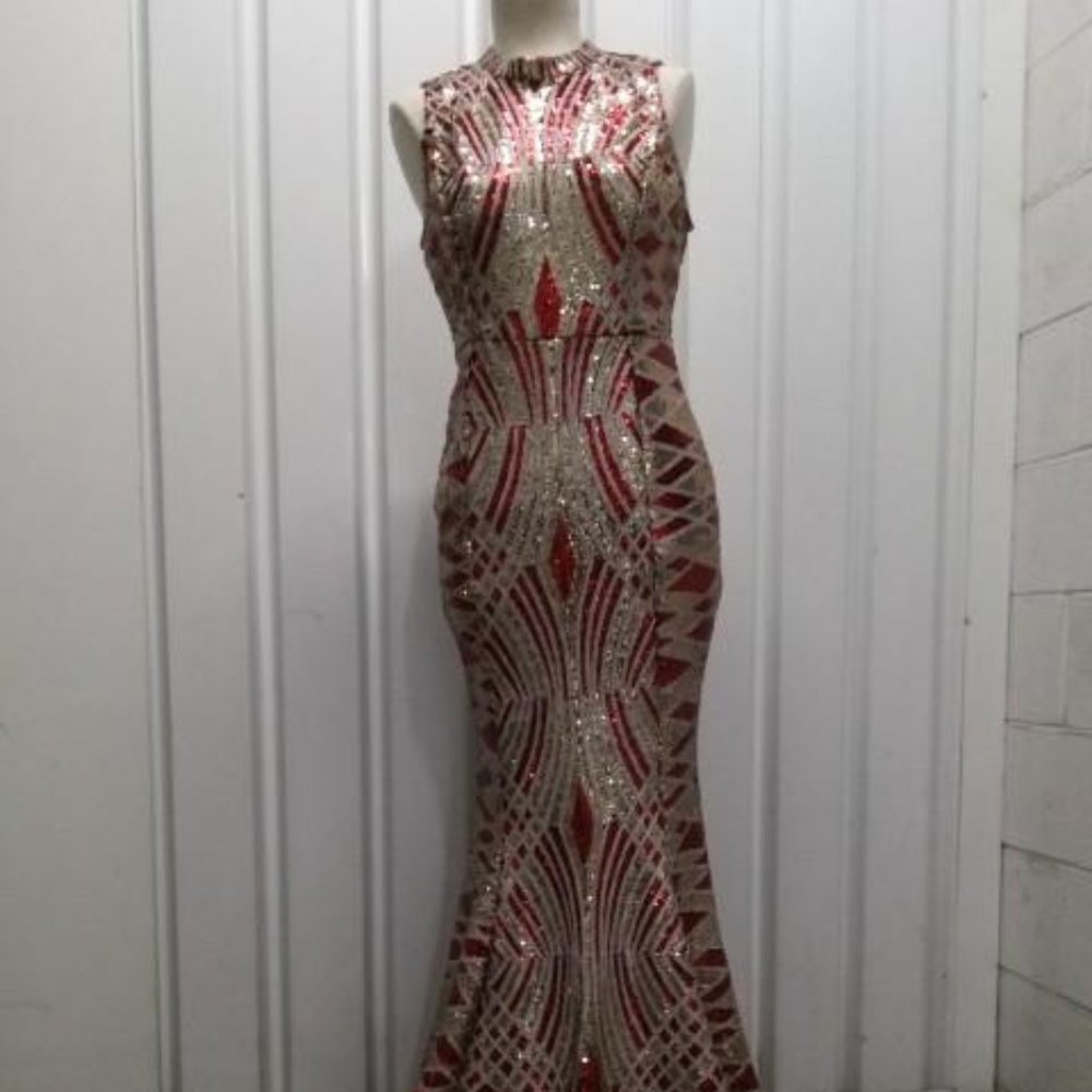 Asian inspired, mandarin neck, multicolor sequin, floor length, evening gown, i